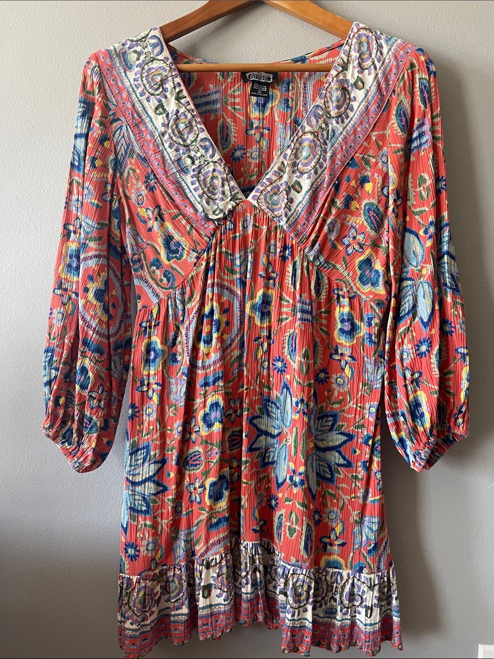 Angie Coral Floral Boho V-Neck Mini Dress